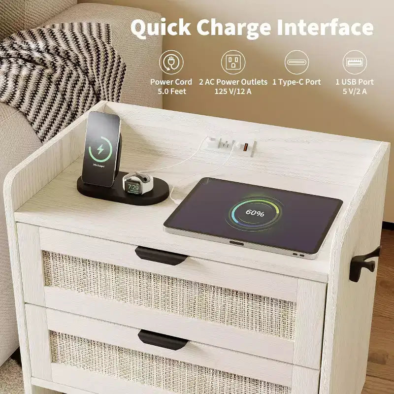 Mesita de noche de ratán, mesa auxiliar con 2 cajones de almacenamiento, mesita auxiliar estilo bohemio para dormitorio, sala de estar, oficina, mesita de noche grande