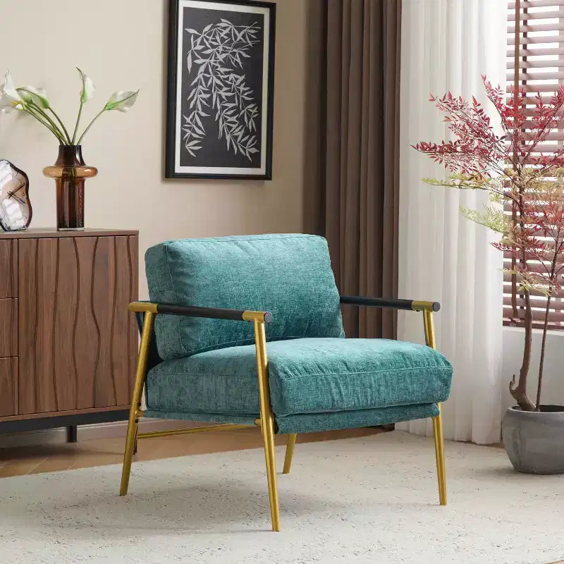 MAYEERTY 27.56 Sillón Moderno, Cojines de Felpa, Marco de Metal Minimalista, Reposabrazos de Madera, Sala de Estar, Dormitorio, Oficina