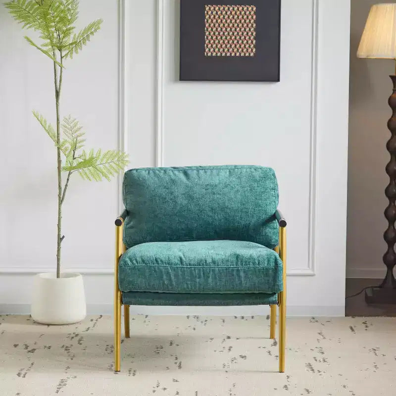 MAYEERTY 27.56 Sillón Moderno, Cojines de Felpa, Marco de Metal Minimalista, Reposabrazos de Madera, Sala de Estar, Dormitorio, Oficina