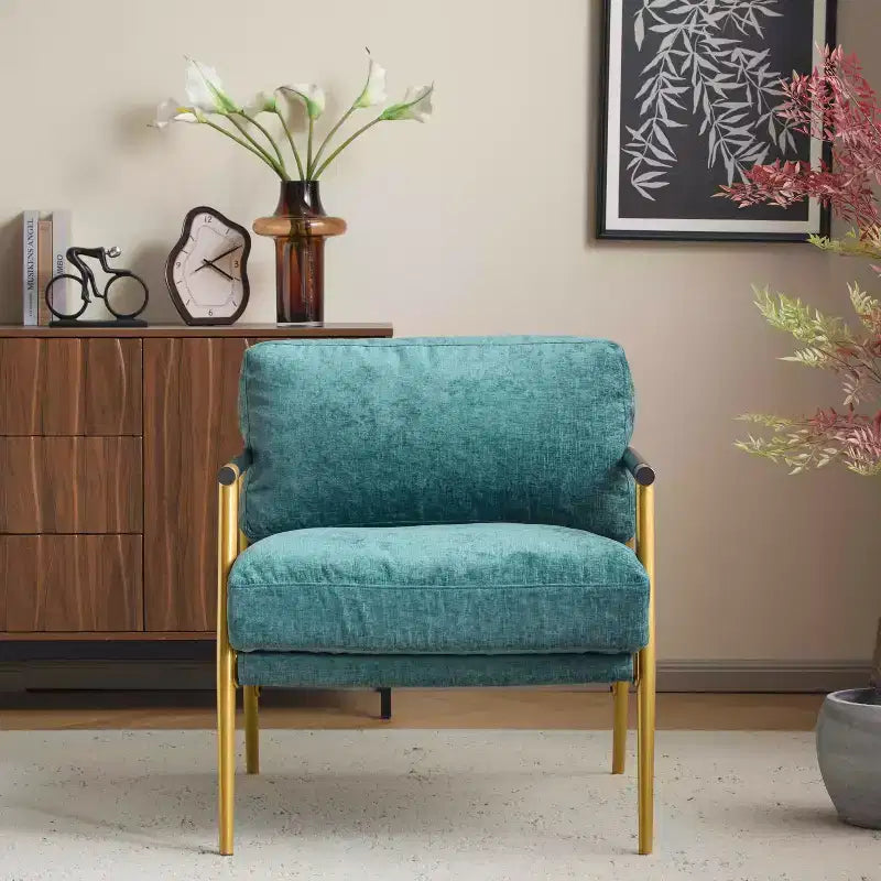 MAYEERTY 27.56 Sillón Moderno, Cojines de Felpa, Marco de Metal Minimalista, Reposabrazos de Madera, Sala de Estar, Dormitorio, Oficina