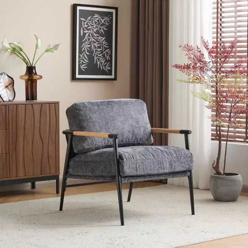 MAYEERTY 27.56 Sillón Moderno, Cojines de Felpa, Marco de Metal Minimalista, Reposabrazos de Madera, Sala de Estar, Dormitorio, Oficina