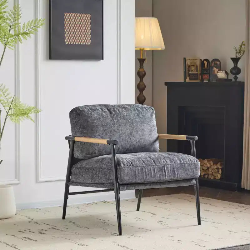 MAYEERTY 27.56 Sillón Moderno, Cojines de Felpa, Marco de Metal Minimalista, Reposabrazos de Madera, Sala de Estar, Dormitorio, Oficina