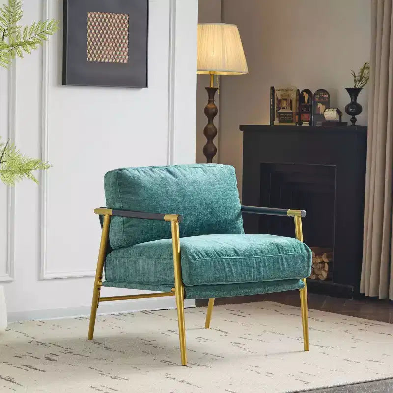 MAYEERTY 27.56 Sillón Moderno, Cojines de Felpa, Marco de Metal Minimalista, Reposabrazos de Madera, Sala de Estar, Dormitorio, Oficina