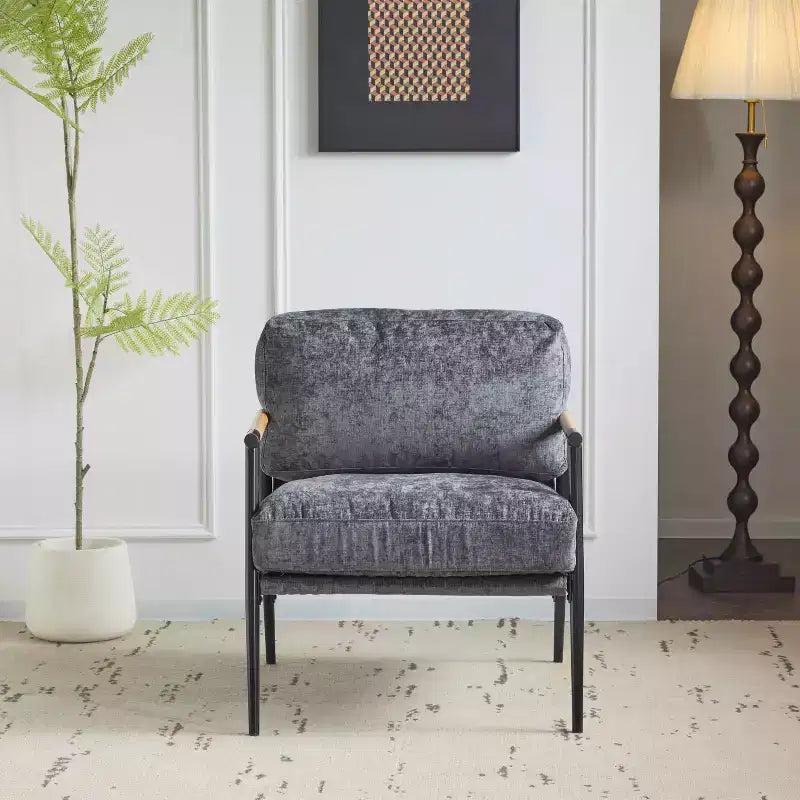MAYEERTY 27.56 Sillón Moderno, Cojines de Felpa, Marco de Metal Minimalista, Reposabrazos de Madera, Sala de Estar, Dormitorio, Oficina