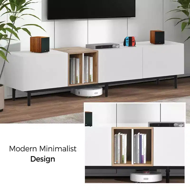 Mueble de TV Moderno MAYEERTY para TV de 80 pulgadas con 3 Puertas, Centro de Entretenimiento con Gran Armario de Almacenamiento para Sala de Estar Dormitorio, Blanco