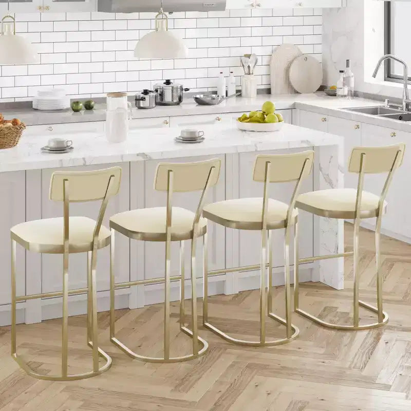 Bar Stools Set of 4, High Back Counter Height Bar Stools with White Velvet Upholstery & Gold Metal Legs, Soft Padded Kitchen Island Stools, Bar Chairs