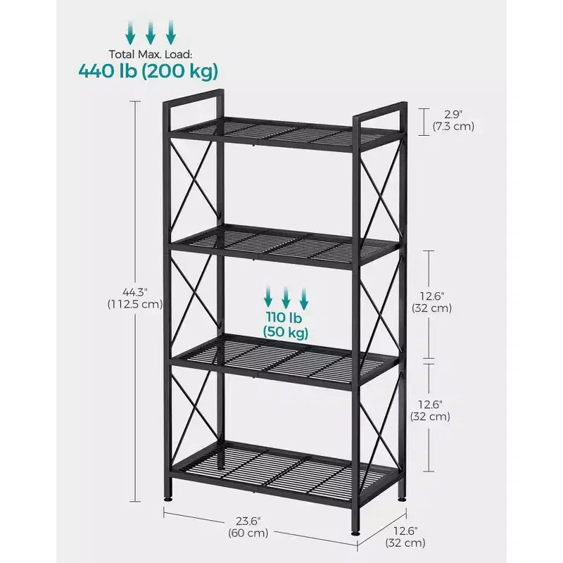 Estantería metálica de 4 niveles, unidad de almacenamiento de 112,5 cm con marcos en X y pies ajustables, 50 kg por estante, para entrada, cocina, baño, negro tinta