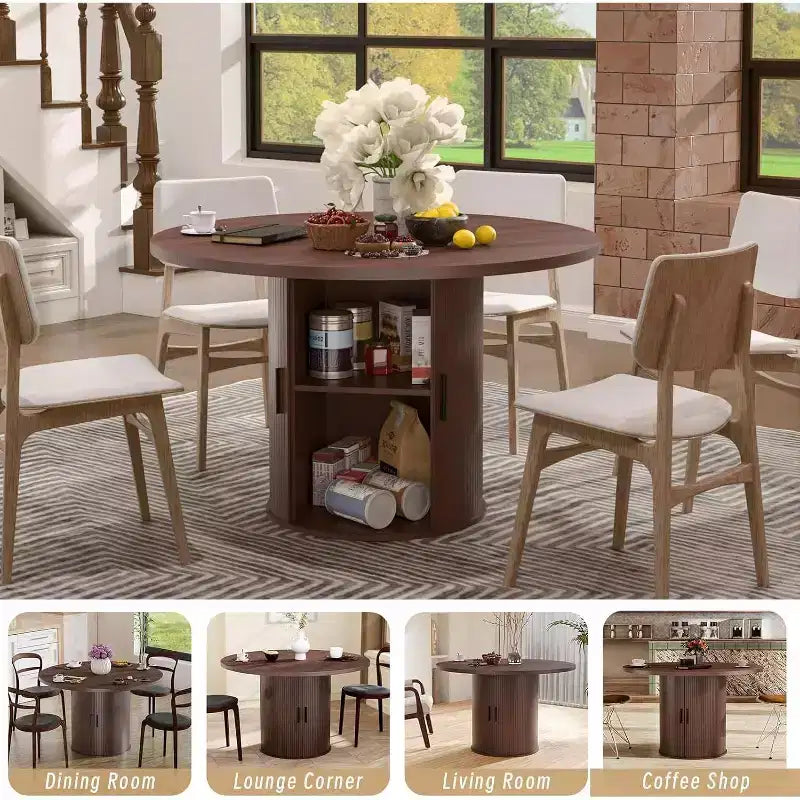 Mesa de comedor redonda Hommpa de 48 pulgadas con almacenamiento - Estante ajustable de 3 niveles, estilo rústico moderno, asientos para 4-6 personas