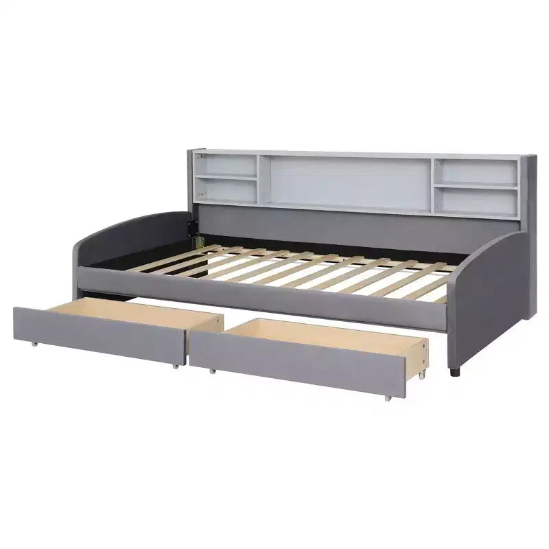 Cama de plataforma tapizada de terciopelo tamaño individual Luxystar con estantes de almacenamiento y 2 cajones para sala de estar