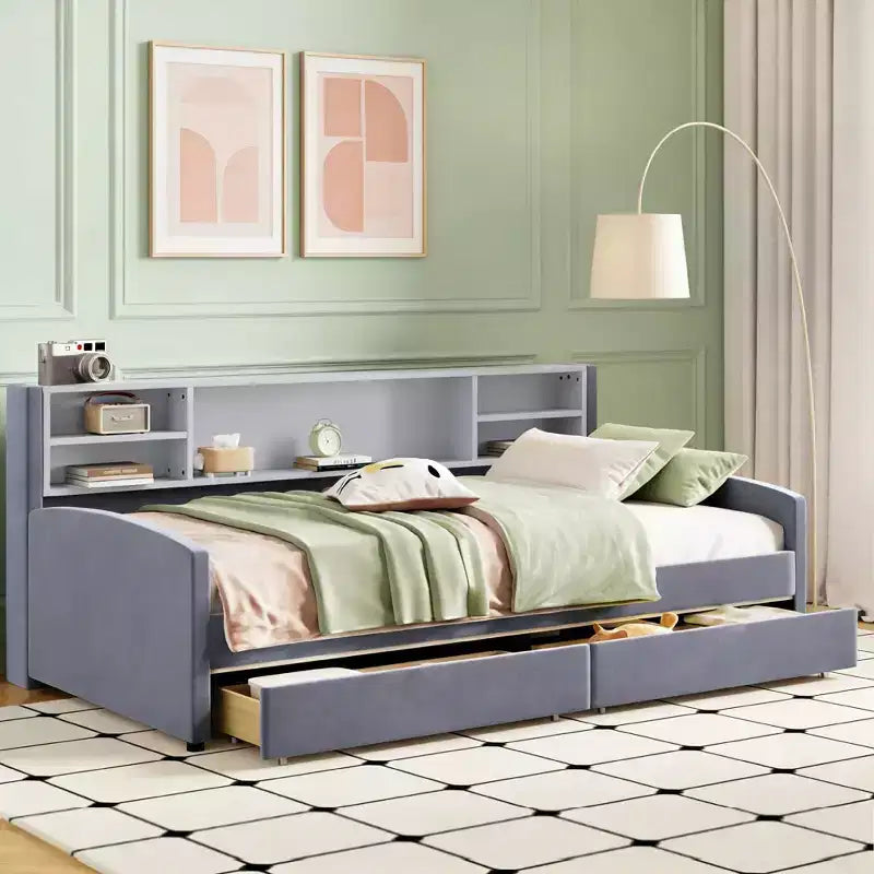 Cama de plataforma tapizada de terciopelo tamaño individual Luxystar con estantes de almacenamiento y 2 cajones para sala de estar