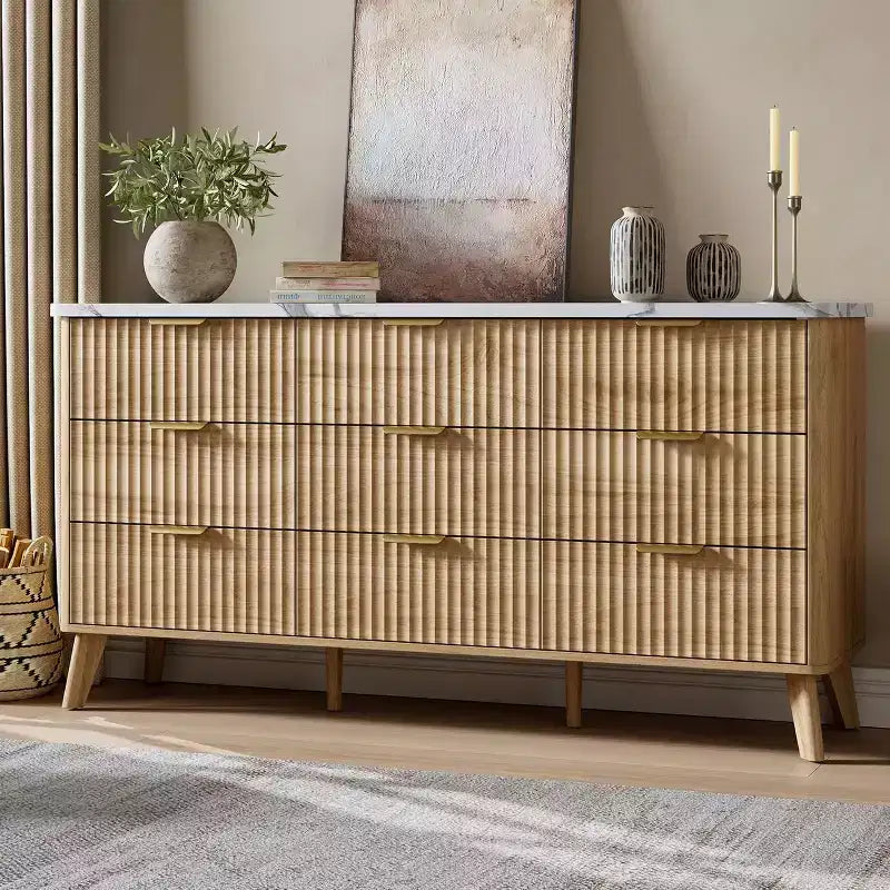 60.6 Wide Fluted Dresser with 9 Deep Drawers - Modern TV Stand & Chest for Bedroom, Living Room & Hallway
