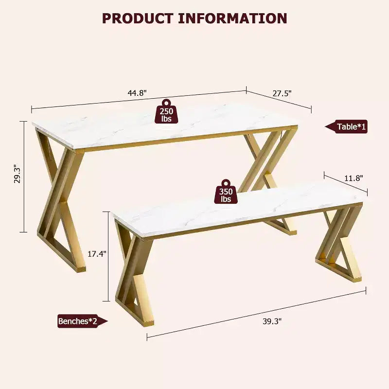 Juego de comedor para 4 personas: mesa rectangular con cubierta de imitación mármol y 2 bancos con estructura de metal - Ahorra espacio para cocina, comedor y apartamento.
