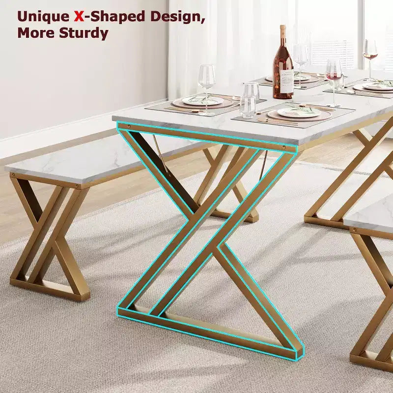 Juego de comedor para 4 personas: mesa rectangular con cubierta de imitación mármol y 2 bancos con estructura de metal - Ahorra espacio para cocina, comedor y apartamento.