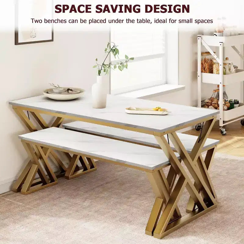 Juego de comedor para 4 personas: mesa rectangular con cubierta de imitación mármol y 2 bancos con estructura de metal - Ahorra espacio para cocina, comedor y apartamento.