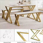 Juego de comedor para 4 personas: mesa rectangular con cubierta de imitación mármol y 2 bancos con estructura de metal - Ahorra espacio para cocina, comedor y apartamento.