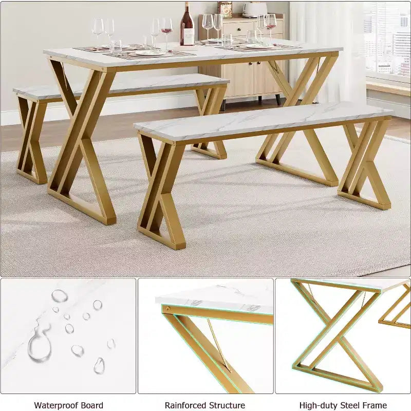 Juego de comedor para 4 personas: mesa rectangular con cubierta de imitación mármol y 2 bancos con estructura de metal - Ahorra espacio para cocina, comedor y apartamento.