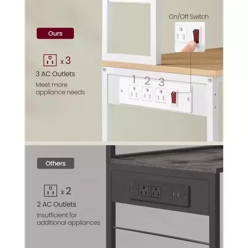 Estante para panaderos con toma de corriente, estante para barra de café de 65.7 pulgadas con estante ajustable y 6 ganchos, soporte para microondas para cocina