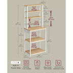Estante para panaderos con toma de corriente, estante para barra de café de 65.7 pulgadas con estante ajustable y 6 ganchos, soporte para microondas para cocina