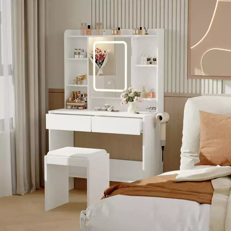 Tocador con espejo para dormitorio, luces ajustables de 3 colores, incluye taburete acolchado, estantes de almacenamiento ocultos, tomas USB, soporte para secador de pelo, blanco
