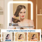 Tocador con espejo para dormitorio, luces ajustables de 3 colores, incluye taburete acolchado, estantes de almacenamiento ocultos, tomas USB, soporte para secador de pelo, blanco