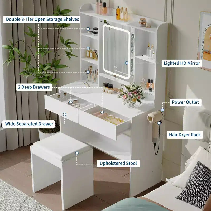 Tocador con espejo para dormitorio, luces ajustables de 3 colores, incluye taburete acolchado, estantes de almacenamiento ocultos, tomas USB, soporte para secador de pelo, blanco