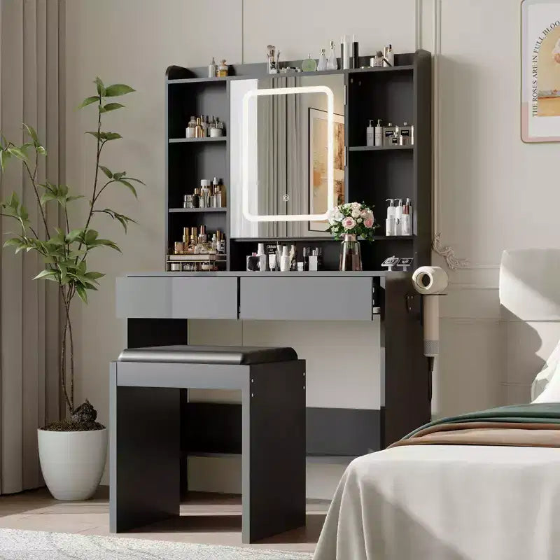 Tocador con espejo para dormitorio, luces ajustables de 3 colores, incluye taburete acolchado, estantes de almacenamiento ocultos, tomas USB, soporte para secador de pelo, blanco