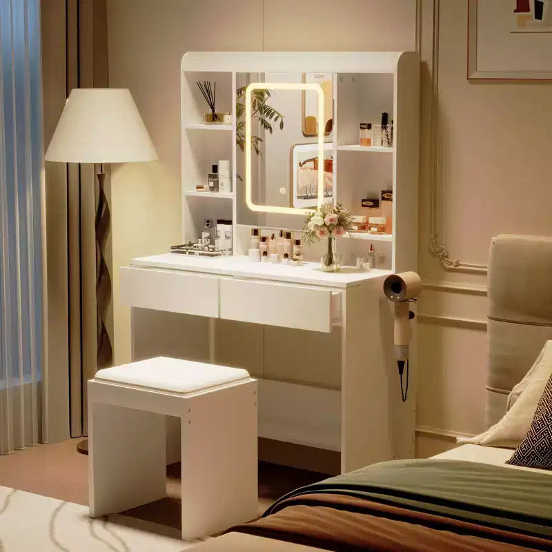 Tocador con espejo para dormitorio, luces ajustables de 3 colores, incluye taburete acolchado, estantes de almacenamiento ocultos, tomas USB, soporte para secador de pelo, blanco