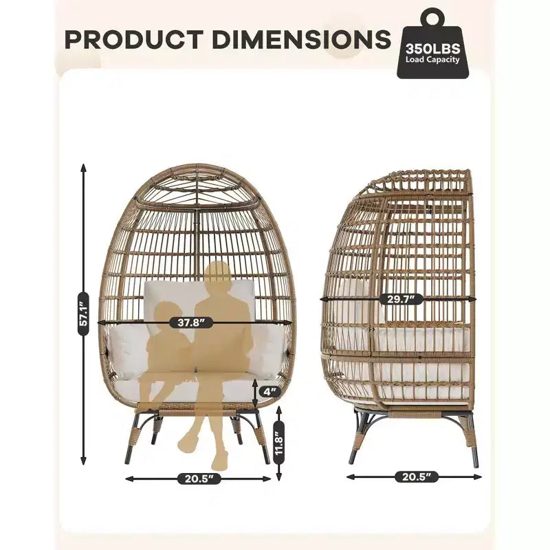 Sillón colgante de exterior con cojines gruesos, silla tipo cesta de mimbre extragrande para balcón, patio, sala de estar, capacidad de 158 kg