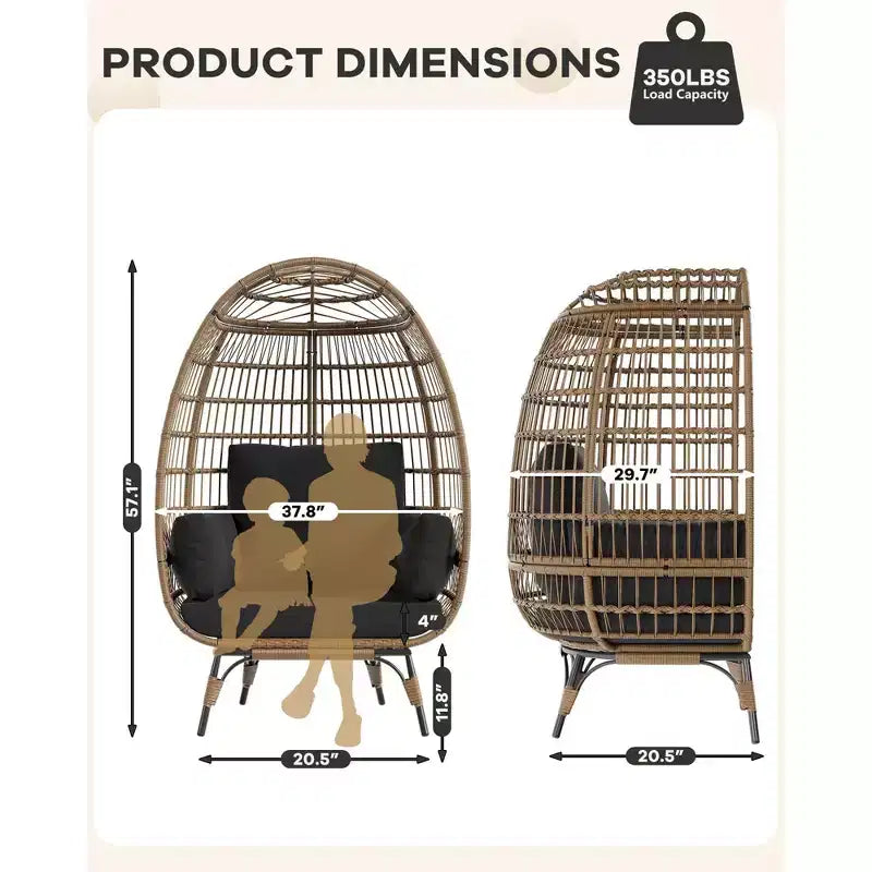 Sillón colgante de exterior con cojines gruesos, silla tipo cesta de mimbre extragrande para balcón, patio, sala de estar, capacidad de 158 kg