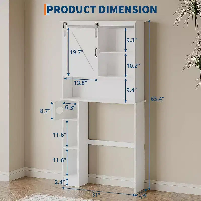 Armario de almacenamiento para colocar sobre el inodoro con puertas de granero - Estantería de baño sobre el inodoro con gancho para pañuelos y estantes ajustables, blanco