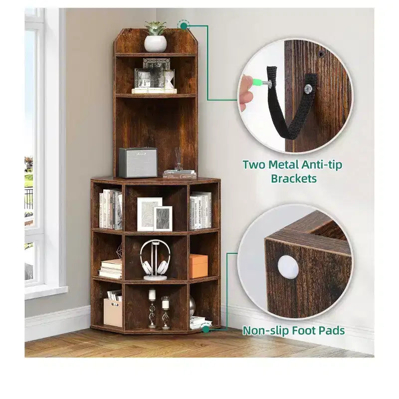 Estantería esquinera de 6 niveles, mueble esquinero industrial con compartimentos para oficina, estante de almacenamiento con estación de carga USB y tomas de corriente