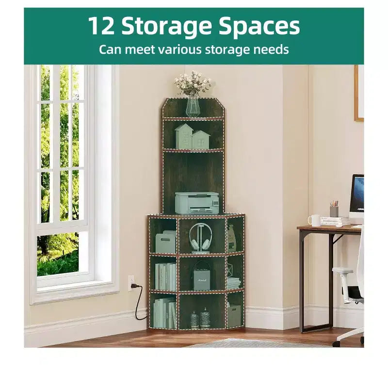 Estantería esquinera de 6 niveles, mueble esquinero industrial con compartimentos para oficina, estante de almacenamiento con estación de carga USB y tomas de corriente