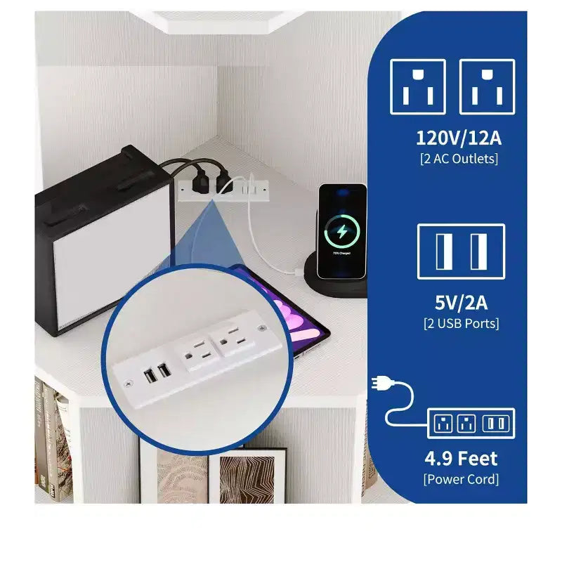 Estantería esquinera de 6 niveles, mueble esquinero industrial con compartimentos para oficina, estante de almacenamiento con estación de carga USB y tomas de corriente