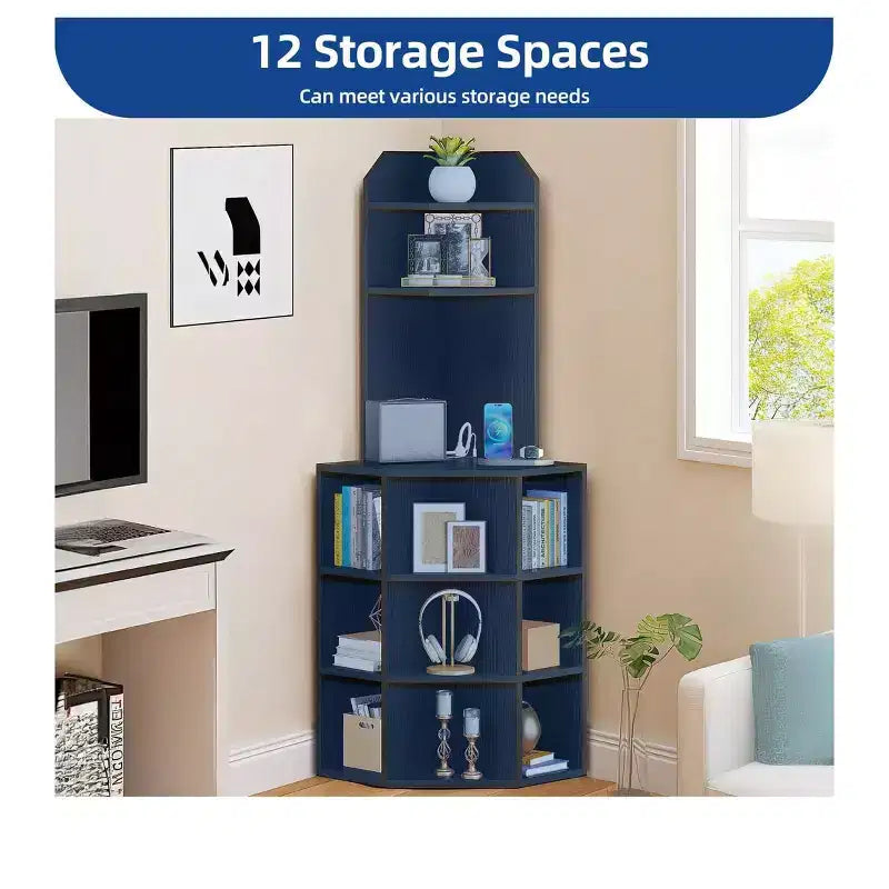 Estantería esquinera de 6 niveles, mueble esquinero industrial con compartimentos para oficina, estante de almacenamiento con estación de carga USB y tomas de corriente