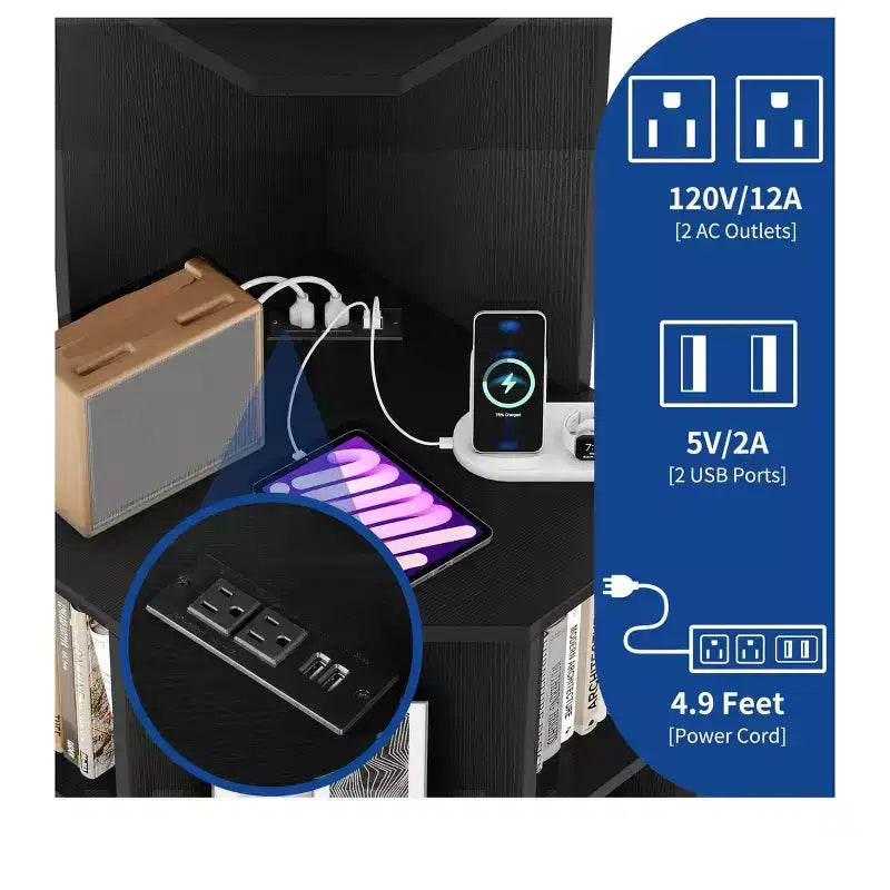 Estantería esquinera de 6 niveles, mueble esquinero industrial con compartimentos para oficina, estante de almacenamiento con estación de carga USB y tomas de corriente