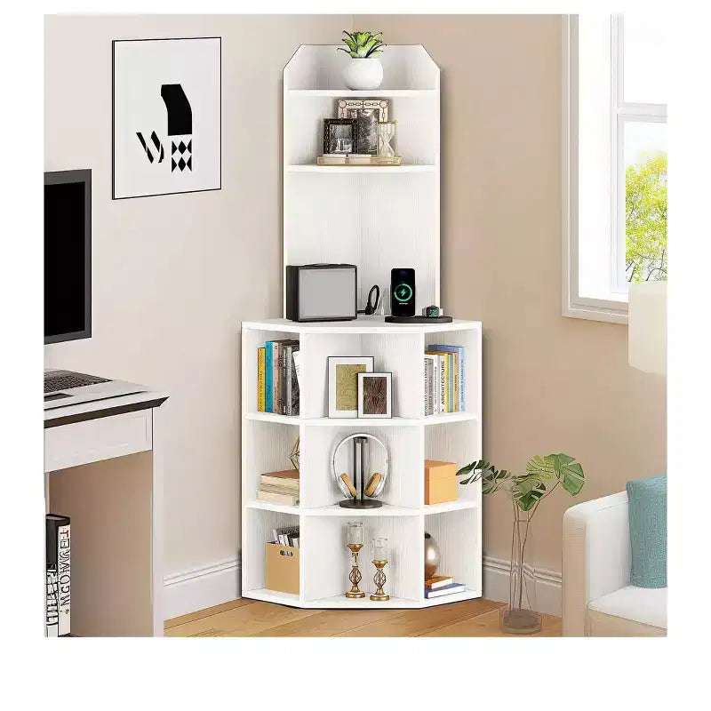 Estantería esquinera de 6 niveles, mueble esquinero industrial con compartimentos para oficina, estante de almacenamiento con estación de carga USB y tomas de corriente