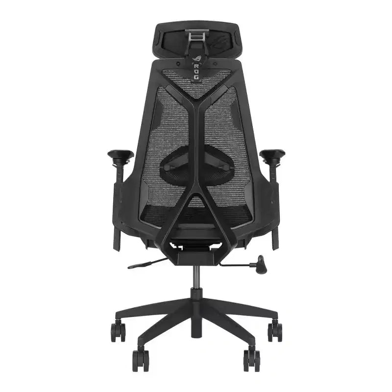 Silla de juego ergonómica ASUS ROG Destrier Core, estética ciborg futurista, ajustes de asiento versátiles, modo de soporte para juegos móviles en el reposabrazos, panel acústico