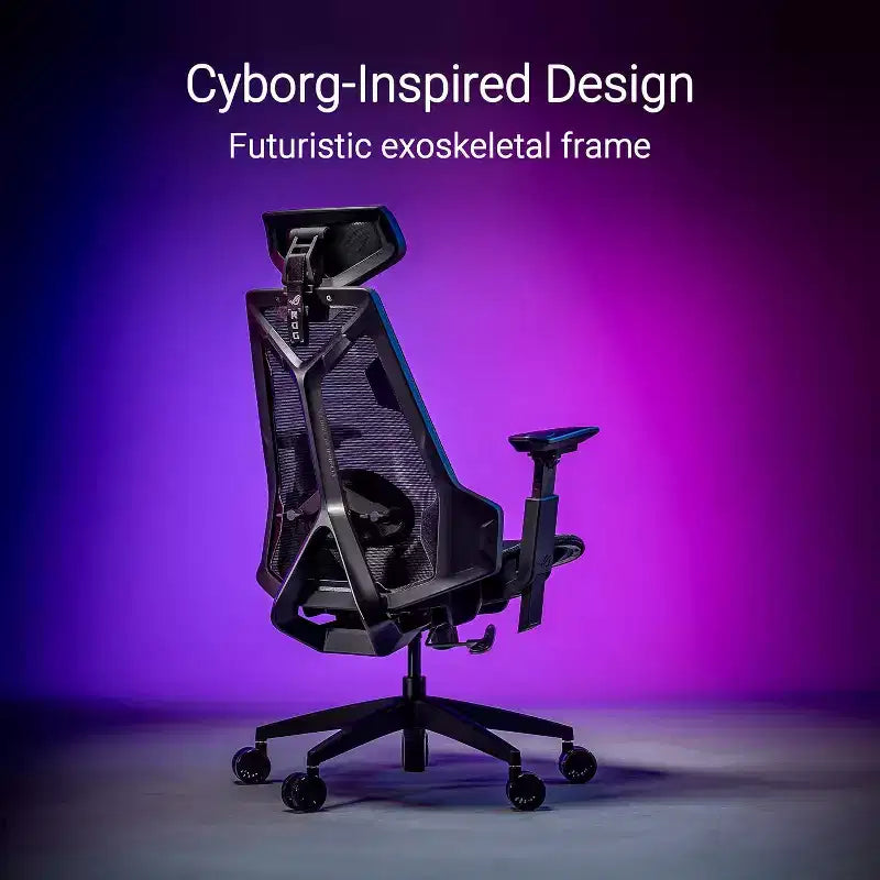 Silla de juego ergonómica ASUS ROG Destrier Core, estética ciborg futurista, ajustes de asiento versátiles, modo de soporte para juegos móviles en el reposabrazos, panel acústico
