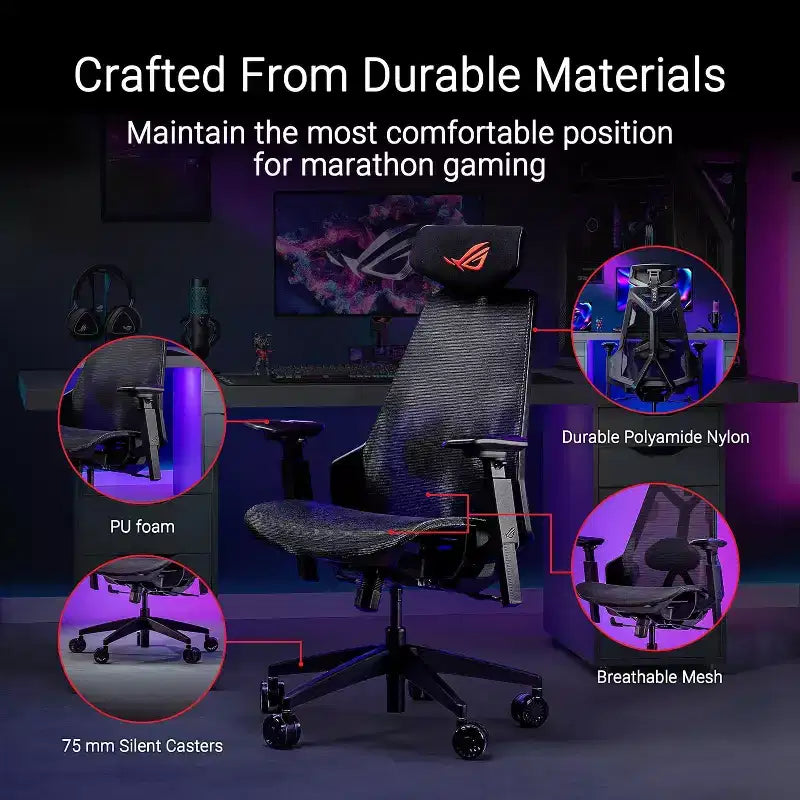 Silla de juego ergonómica ASUS ROG Destrier Core, estética ciborg futurista, ajustes de asiento versátiles, modo de soporte para juegos móviles en el reposabrazos, panel acústico