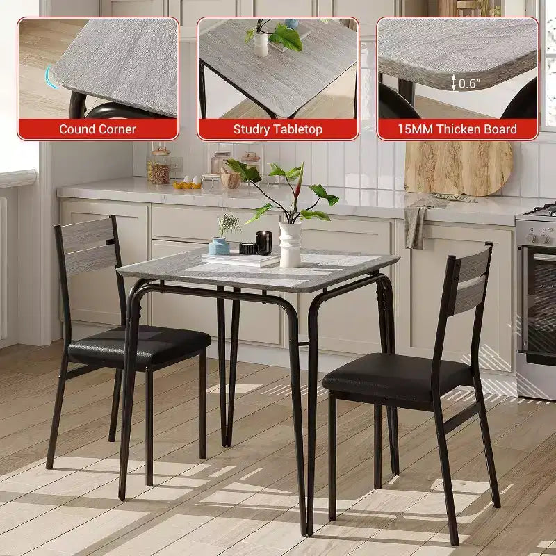 Juego de comedor de 3 piezas - Mesa de cocina cuadrada con sillas tapizadas para 2 personas, juego de comedor moderno pequeño para apartamento