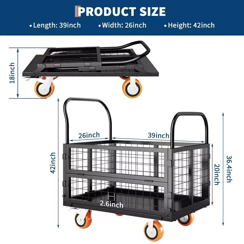 Carro de plataforma de 2000 Lbs con jaula, carro de mano plegable 6 en 1 de alta resistencia con jaulas, carro de mano plegable Dolly