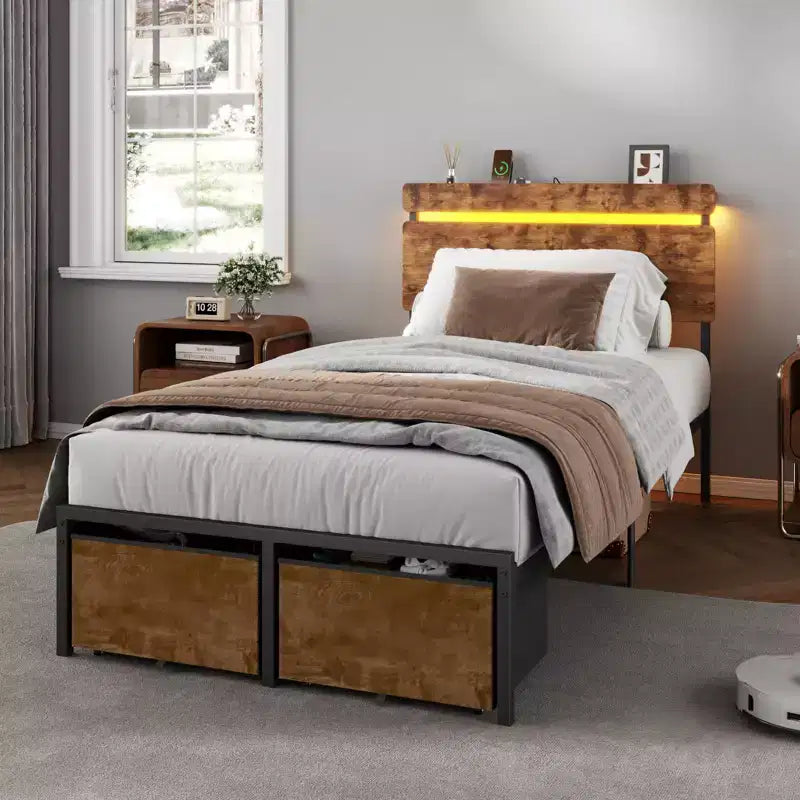 Estructura de cama individual con estación de carga, luces LED, 2 cajones de almacenamiento, plataforma de metal marrón vintage, cabecero de madera, sin necesidad de somier