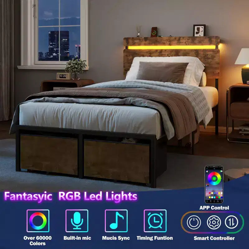 Estructura de cama individual con estación de carga, luces LED, 2 cajones de almacenamiento, plataforma de metal marrón vintage, cabecero de madera, sin necesidad de somier
