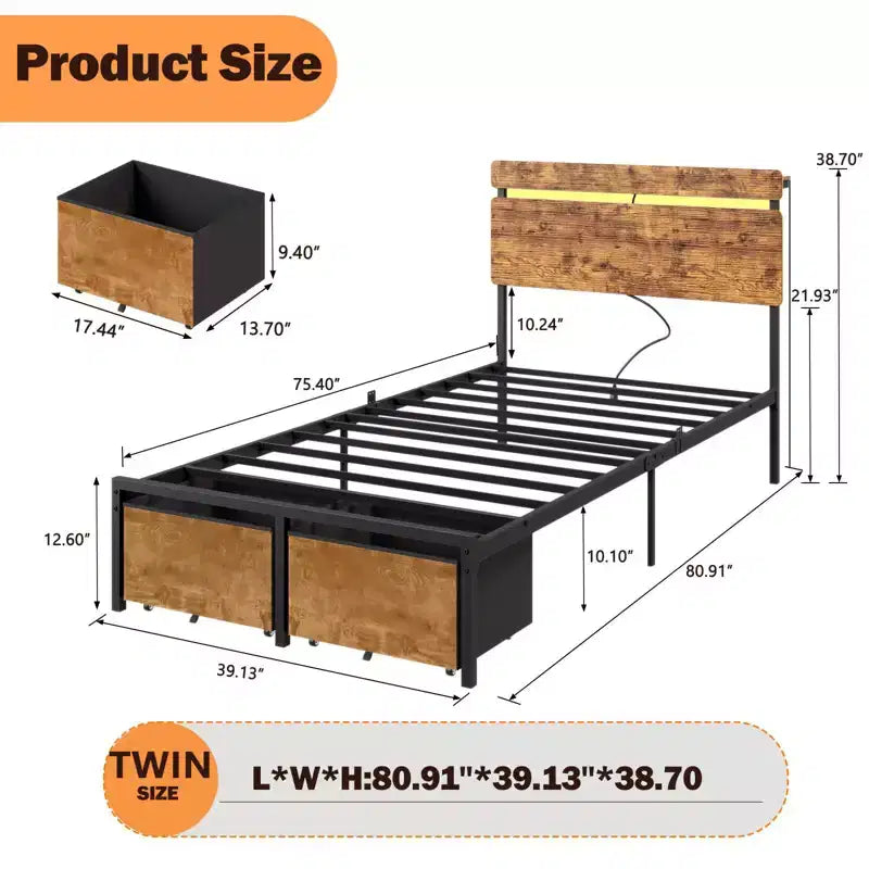 Estructura de cama individual con estación de carga, luces LED, 2 cajones de almacenamiento, plataforma de metal marrón vintage, cabecero de madera, sin necesidad de somier