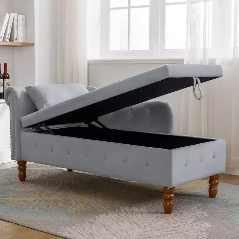 Sofá reclinable moderno con almacenaje, ribete de tachuelas, sillón tapizado de terciopelo capitoné con almacenaje y almohada para sala de estar