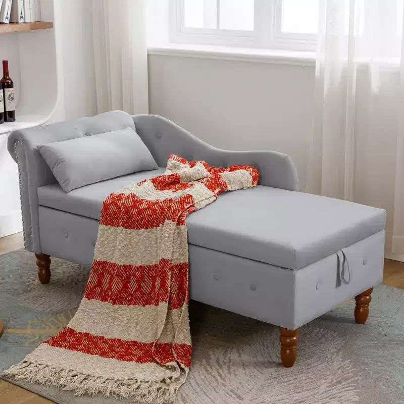 Sofá reclinable moderno con almacenaje, ribete de tachuelas, sillón tapizado de terciopelo capitoné con almacenaje y almohada para sala de estar