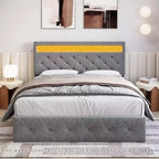 Cama de plataforma tapizada tamaño queen en color gris con cabecero moderno, diseño de cabecero ambiental, no requiere somier, fácil montaje, elegante mejora para dormitorio neutro