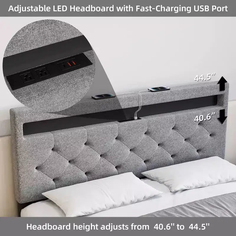 Cama de plataforma tapizada tamaño queen en color gris con cabecero moderno, diseño de cabecero ambiental, no requiere somier, fácil montaje, elegante mejora para dormitorio neutro
