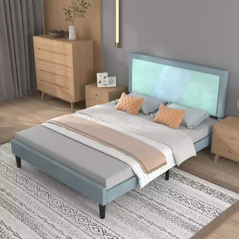 Full Size Heavy Duty Bed Frame with Steel Slats, Adjustable Height Headboard, No Box Spring Needed Easy Assembly,beige