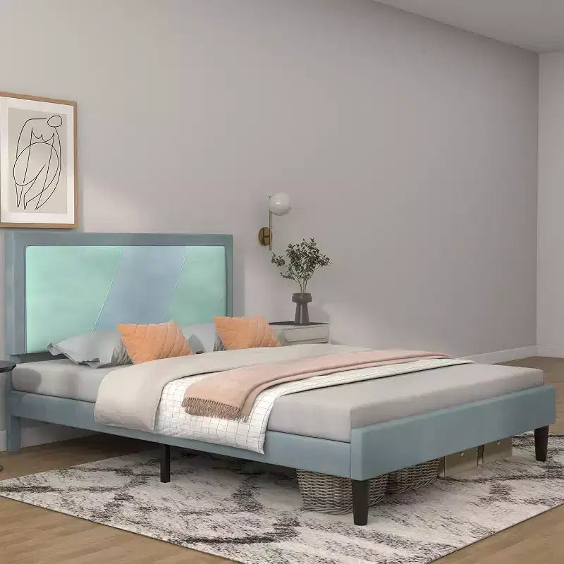 Base de cama de alta resistencia tamaño full con listones de acero, cabecero de altura ajustable, no requiere somier, fácil montaje, beige
